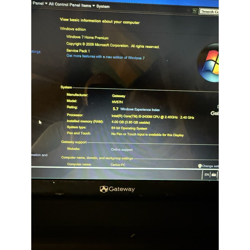 Gateway NV57H Laptop - Intel i5-2410M - 4GB RAM - 500GB HDD - BAD BATT - Win 10